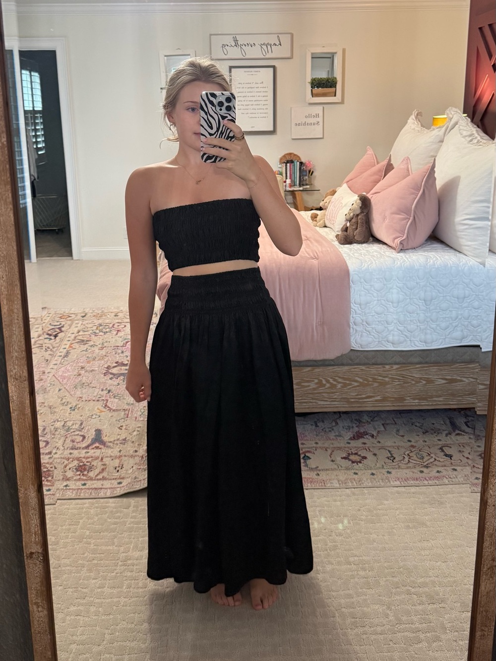Black Strapless Smocked Crop Top and Maxi Skirt Set